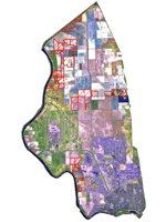 color-coded LANDSAT image of the Natomas Basin with an overlay of the Conservancy's properties