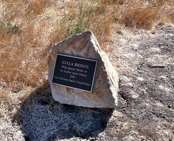 plaque that is engraved, "Ayala Bridge", mounted on a large stone to commemorate donated funds from the Ayala family