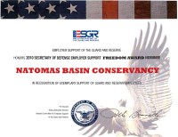 screen capture of the award certificate for the 2010 Secretary of Defense Employer Support Freedom Award presented to Conservancy Board member, Tom Urquhart