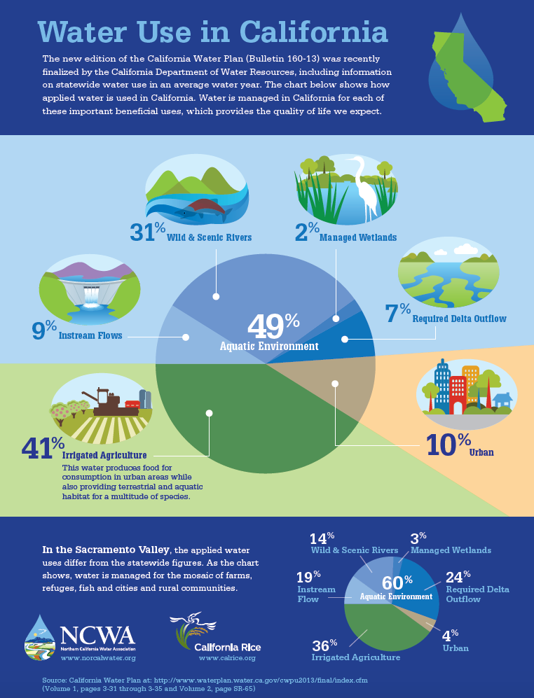 blue and green infographic featuring a pie chart showing water use in California