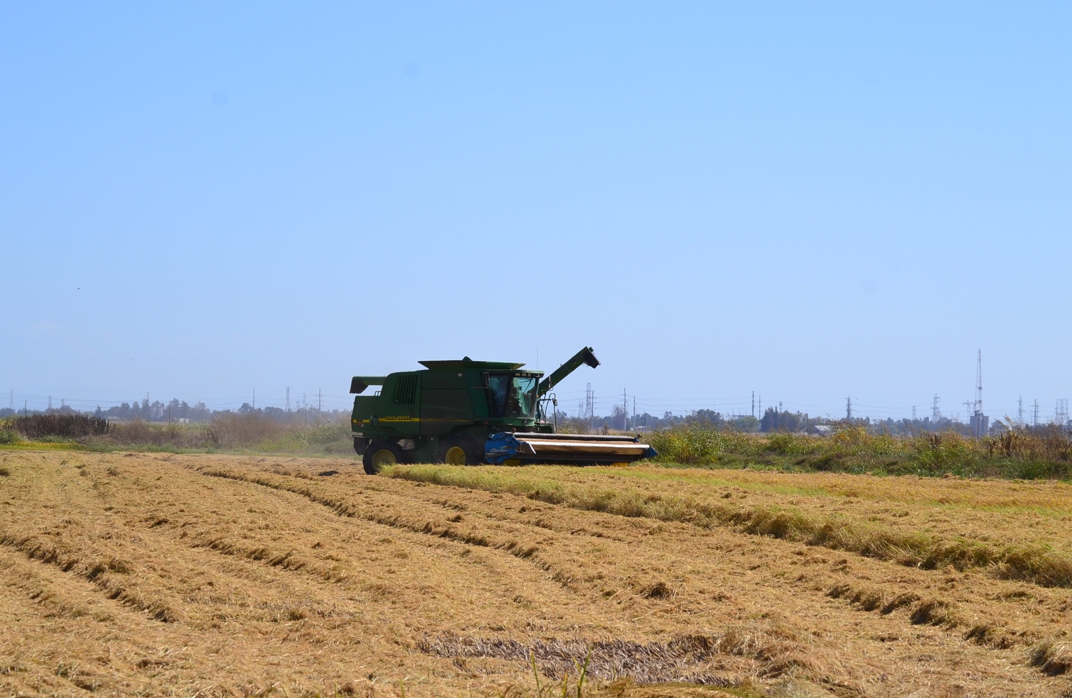 rice harvester in the distance at work in a rice field at the Conservancy